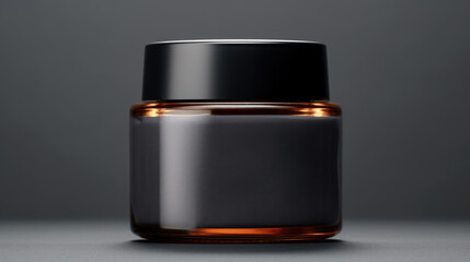 Glass clear cosmetics jar for cream mock up banner. Cosmetic beauty product package on grey background. Created with Generative AI technology.