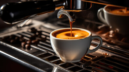 Poster - coffee is poured from the coffee machine into a white ceramic mug. Created with Generative AI technology.