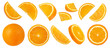 A set of sliced and whole oranges on a white isolated background. Round and half round orange slices of different sizes from different sides close-up.