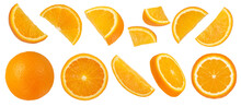 A Set Of Sliced And Whole Oranges On A White Isolated Background. Round And Half Round Orange Slices Of Different Sizes From Different Sides Close-up.