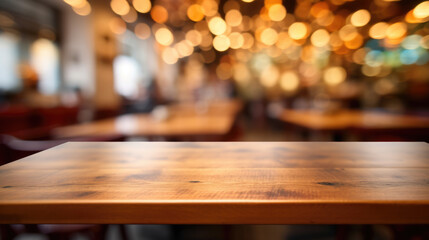 Coffee table in the background of a blurred coffee shop with copy space. Created with Generative AI technology.