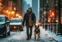 A Man Walks His Dog Along A City Street Blanketed In Fresh Snow, Encapsulating Urban Beauty And The Calm Serenity Of Winter In A Metropolitan Center.