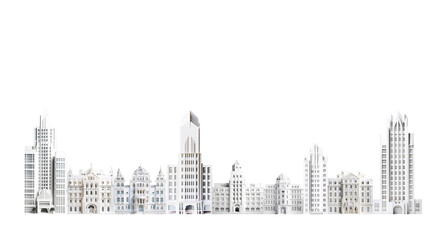 Wall Mural - Beautiful city with skyscrapers and historical buildings front view panorama paper cut design. Background on white with space for text 