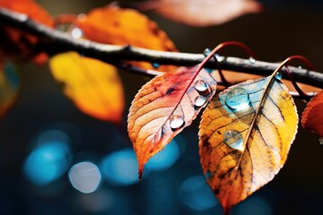 Wall Mural - Autumn colored leaves on tree branch