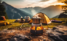 Camp Fire And Tea Pot, Tent And Mountains In The Background At Sunset. Travel Concept And Hobbies
