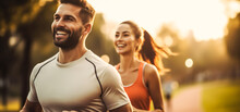 Running Exercise Fitness Friends Walking Running Talking Together On Fun Race In City Park Panoramic Banner Background. Healthy Active Lifestyle, Young People, Digital AI