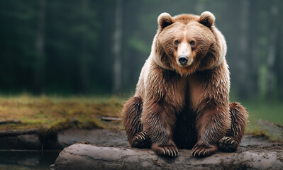 A lone wild brown bear also known as a grizzly bear in an forest. 