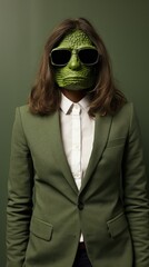 Wall Mural - A man wearing a green suit and sunglasses. Generative AI image.