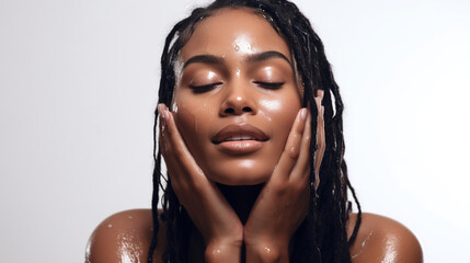 Portrait close up of young black woman with dreadlocks rinsing washing cleansing face with water skincare routine natural beauty 