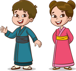 Vector illustration of a boy and girl dressed in traditional Japanese clothes