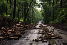 Path In The Forest. Natural Disasters. Village Landslide On The Road. Stones. Difficulty On The Road. Forest After The Rain. Natural Elements. Road Flooding. Do Not Pass The Car