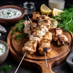 Wall Mural - A wooden platter of grilled chicken skewers