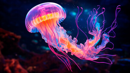 Wall Mural - neon glowing jellyfish, underwater background