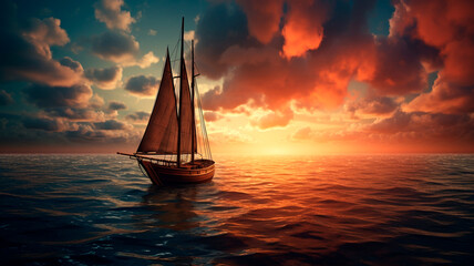 Wall Mural - sunset on the sea with sailing boat.