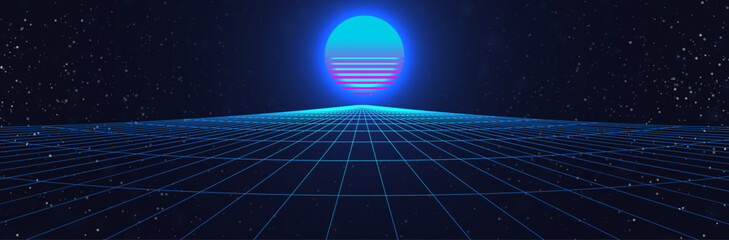 Wall Mural - synthwave sunset backround. retro future 80s backdrop. perspective grid, sun, dark starry sky. futur