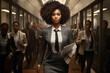 The black woman leaving her office with a sense of accomplishment and determination 