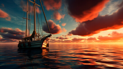 Wall Mural - sunset on the sea with sailing boat.