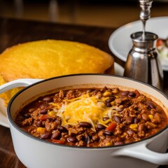 Wall Mural - A piping hot pot of chili with a side of cornbread