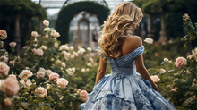 A Blonde Girl With Curly Hair Hiden Face Stands With Her Back To The Frame In A Blue Retro Dress In A Rose Garden, Back View, Illustration In Pastel Colors, Created With Generative AI Technology.