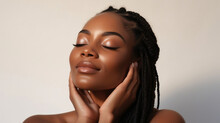 Close Up Of Young Black Woman With Braids Touching Face With Both Hand Wearing Natural Makeup, Beauty Shot Glowy Youthful Skin Golden Lighting 