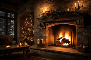 Glowing candles and a warm fireplace creating a cozy holiday ambiance. Christmas tree and other decorations at night. AI generated