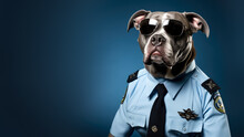 Mean Looking Pitbull Working As A Security Officer Or Cop, Wearing Police Shirt, Sunglasses And Uniform. Guarding Dog Concept. Wide Banner Copy Space For Text On Side. Generative AI
