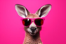 Kangaroo In Pink Glasses. Banner With Pink Background. Australian Animal. Advertising. Sale. Postcard
