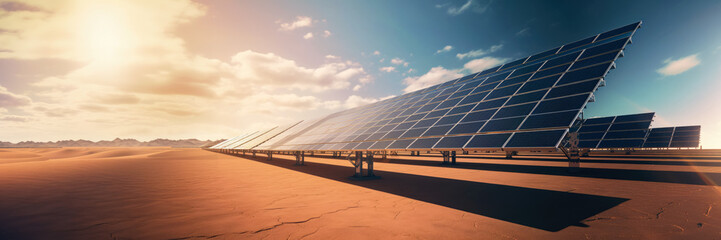 Wall Mural - solar photovoltaic panels installed in desert, hot sunny day, green renewable energy concept. genera
