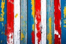 Texture Of Vintage Wood Boards With Cracked Paint Of White, Red, Yellow, Cyan And Blue Color. Horizontal Retro Background With Old Wooden Planks Of Different Colors