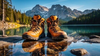 Canvas Print - A pair of hiking boots on a rock near a lake. Generative AI image.