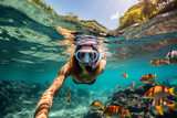 Fototapeta Do akwarium - Young woman snorkeling at the ocean over coral reefs, Caribbean, Hawaii, underwater, tropical paradise, exotic fish, travel concept, active lifestyle concept