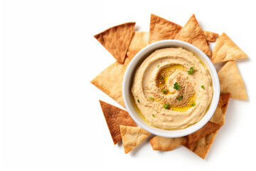 Wall Mural - Plate of Pita Chips and Hummus Dip Isolated on a White Background