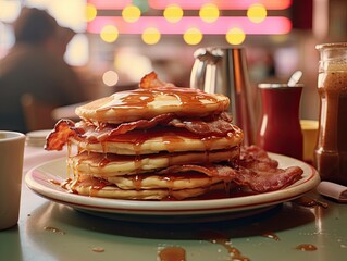 Wall Mural - pancakes with bacon and syrup