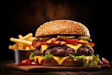 Mouth-watering Photo Of Juicy Burger And Fries