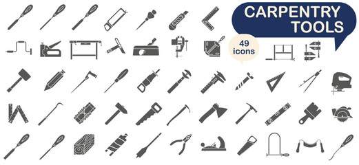 Tool for carpentry workshop. Collection of dark full icons of carpentry tools. Vector illustration.