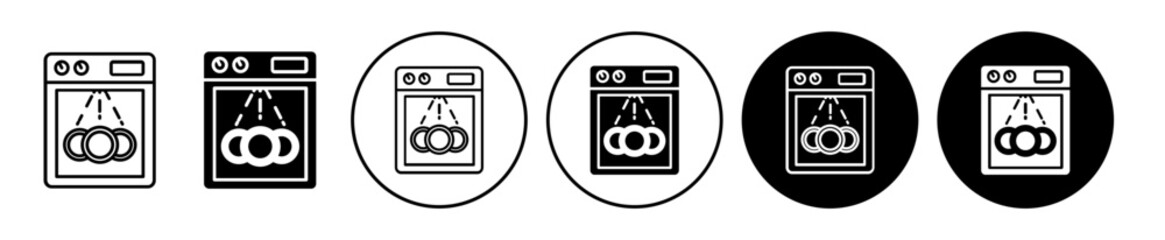 Sticker - Dishwasher safe vector symbol set. Dish washer machine vector icon set in black filled and outlined style.