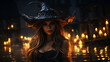 Witch conjures Halloween magic with pumpkin and glowing lights