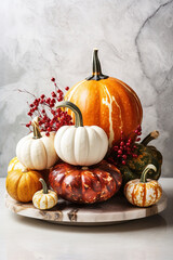 Decorative pumpkins on marble table, fall centerpiece for Thanksgiving, generative AI