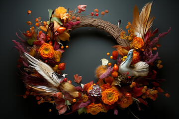 Wall Mural - Festive Thanksgiving wreath with leaves and pumpkins on a door, generative AI