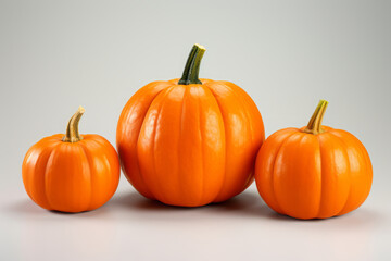 Wall Mural - Three bright orange pumpkins on a white table, fall or Thanksgiving background, generative AI