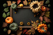 Fall background, empty chalkboard surrounded by pumpkins and sunflowers and fall leaves, generative AI