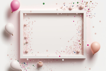 Wall Mural - White frame on white background with pink balloons and confetti, generative AI