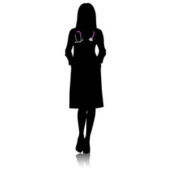 Wall Mural - Silhouette of femal healthcare worker. Happy smiling doctor in white coat with stethoscope. Medical worker is standing with hands in her pockets. Vector flat style illustration set isolated on white. 