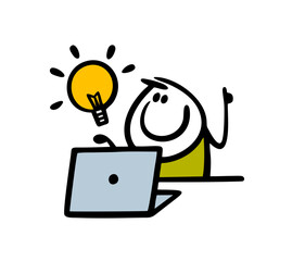 Cartoon stickman is sitting at a computer and a light bulb is on. Vector illustration the boy solved the problem, came up with a brilliant idea.