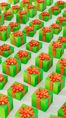 Wall Mural - Many green gift boxes with red ribbon on white table, holiday and celebration theme, 3d illustration