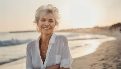 Sticker - Smiling senior woman posing at beach looking at camera, retirement and vacation