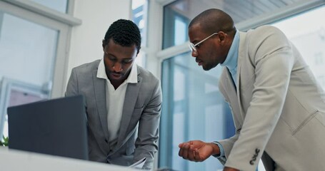 Laptop, office and black people discussion, collaboration and realtor teamwork on developer ideas, property plan or project. Agent partnership, chat and African team planning real estate development