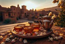 Moroccan Tranquility. At a Rustic Table with Blooming Mint Tea, Enjoy the Serenity of a Sunset with Old Houses in the Background. Traditional Refreshment AI Generative.

