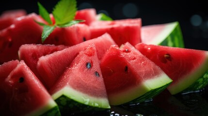 Wall Mural -  Slices of fresh watermelon on dark background with ice.