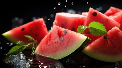 Wall Mural -  Slices of fresh watermelon on dark background with ice.